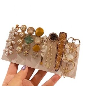 Vintage Inspired Gold-Tone Pearl and Rhinestone Retro Statement Hairclip Set